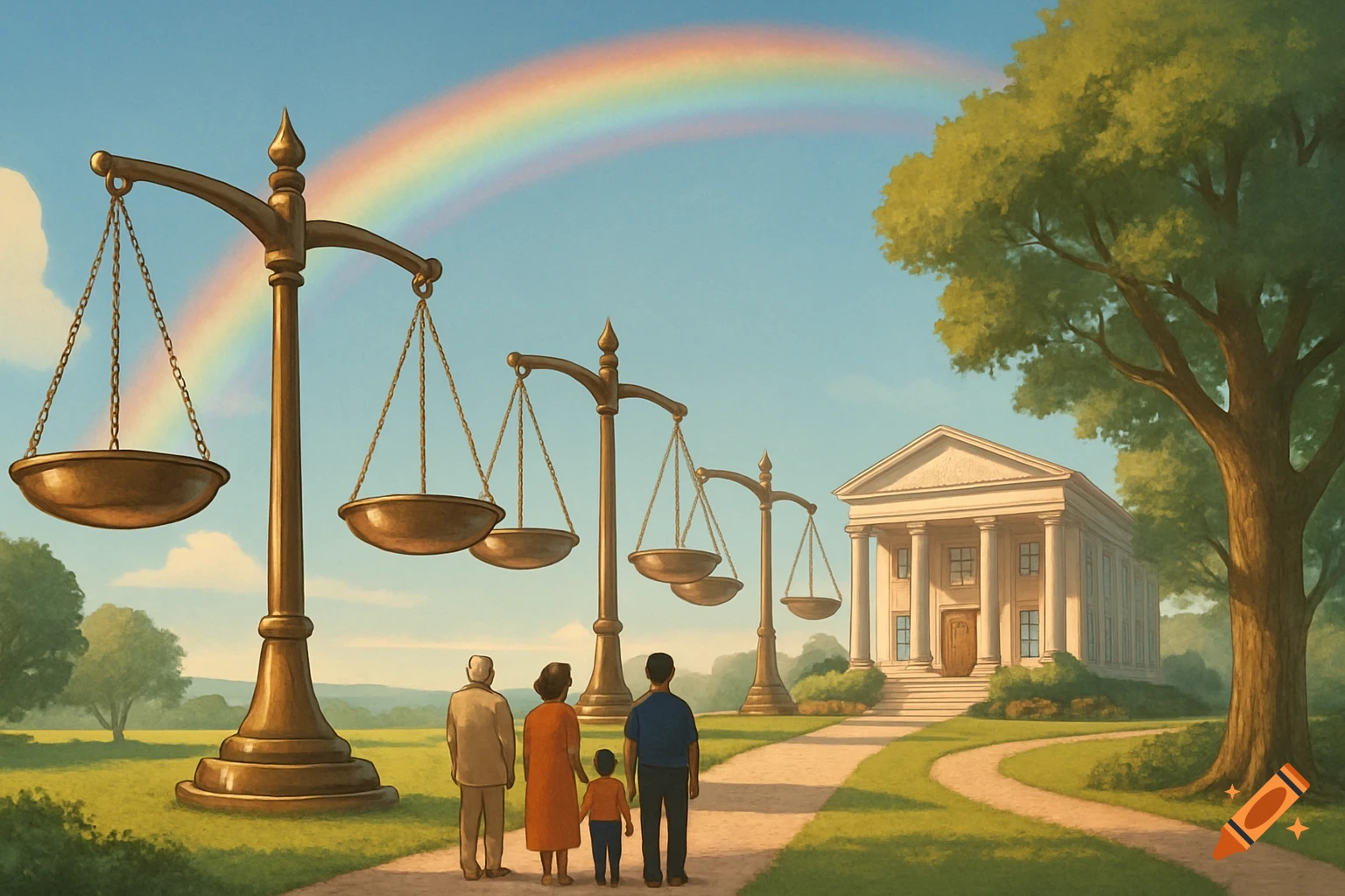 An illustrative painting of a family walking on a path towards a courthouse and a series of golden scales of justice, under a rainbow.
