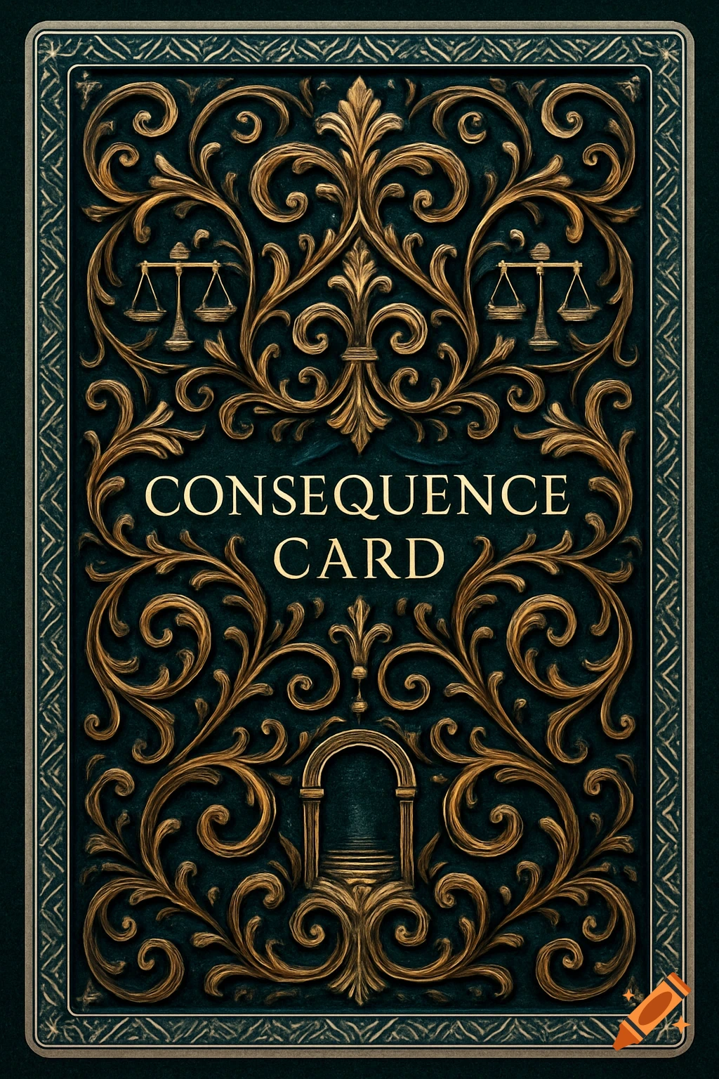 Ornate dark teal and gold playing card back with intricate patterns, scales of justice, and the text "CONSEQUENCE CARD".