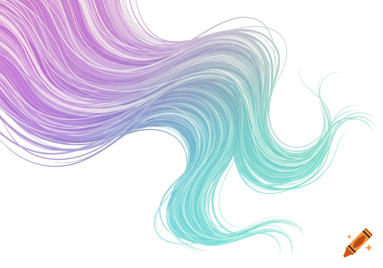Abstract vector illustration of long, wavy, flowing lines in a gradient from purple to teal against a white background.