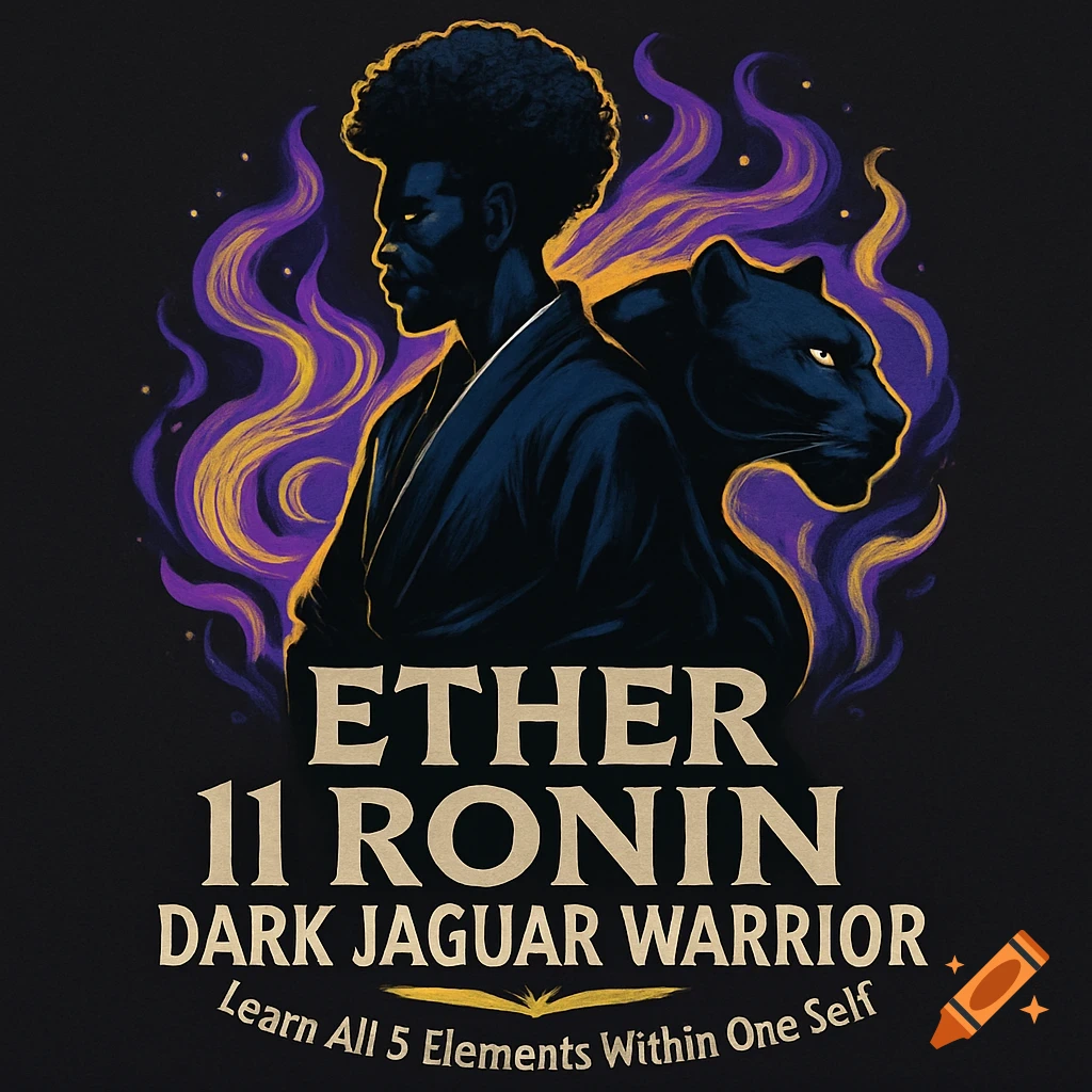 Stylized portrait of a man with an afro and a black jaguar, with mystical purple and yellow energy. Features text for 'Ether 11 Ronin Dark Jaguar Warrior'.