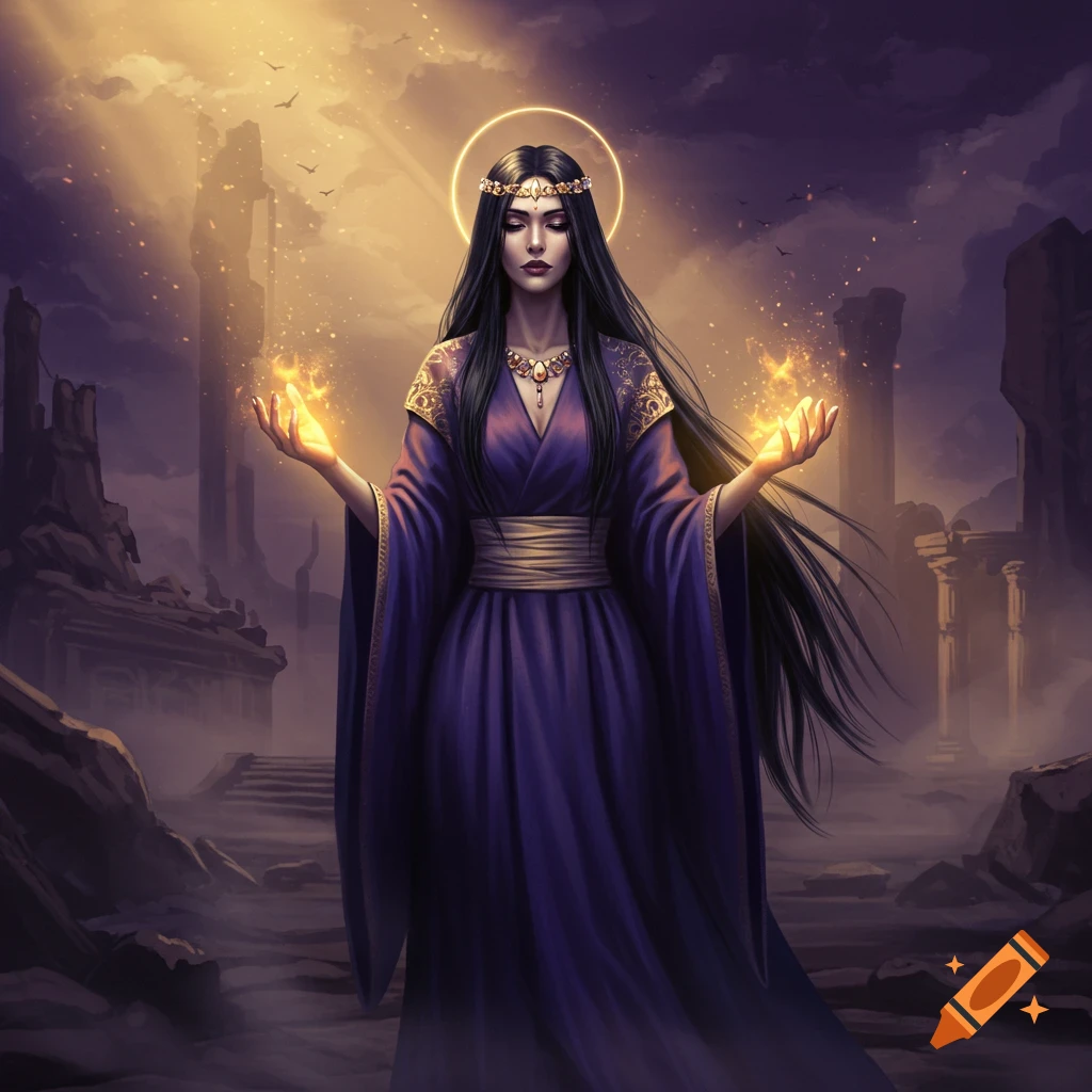 A dark-haired priestess in purple robes and golden jewelry with glowing hands stands among ruins under a golden sky.
