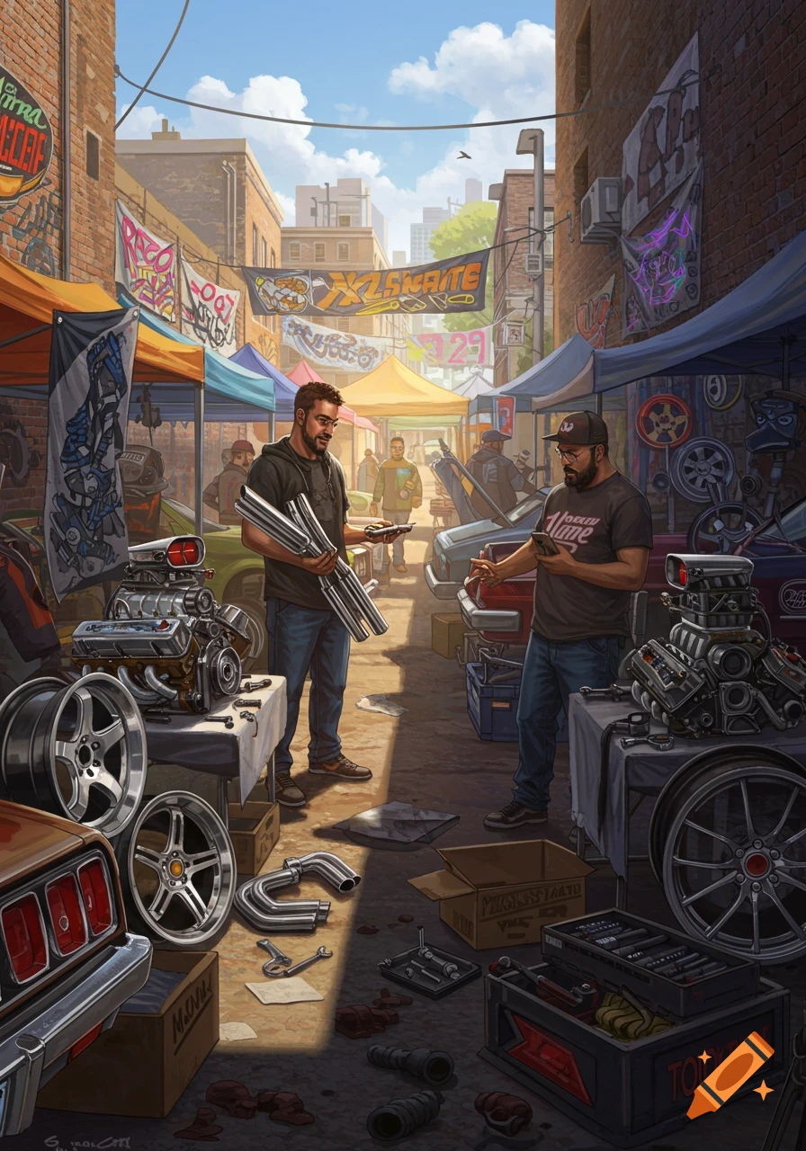 Detailed illustration of a bustling street market in an alley, where two men, surrounded by car parts, engines, and wheels, are engaging in a transaction. Banners hang overhead.