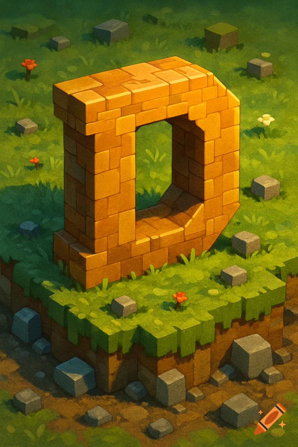 A blocky, Minecraft-style letter 'D' made of orange bricks, standing on a grassy, blocky landscape with small rocks and flowers.
