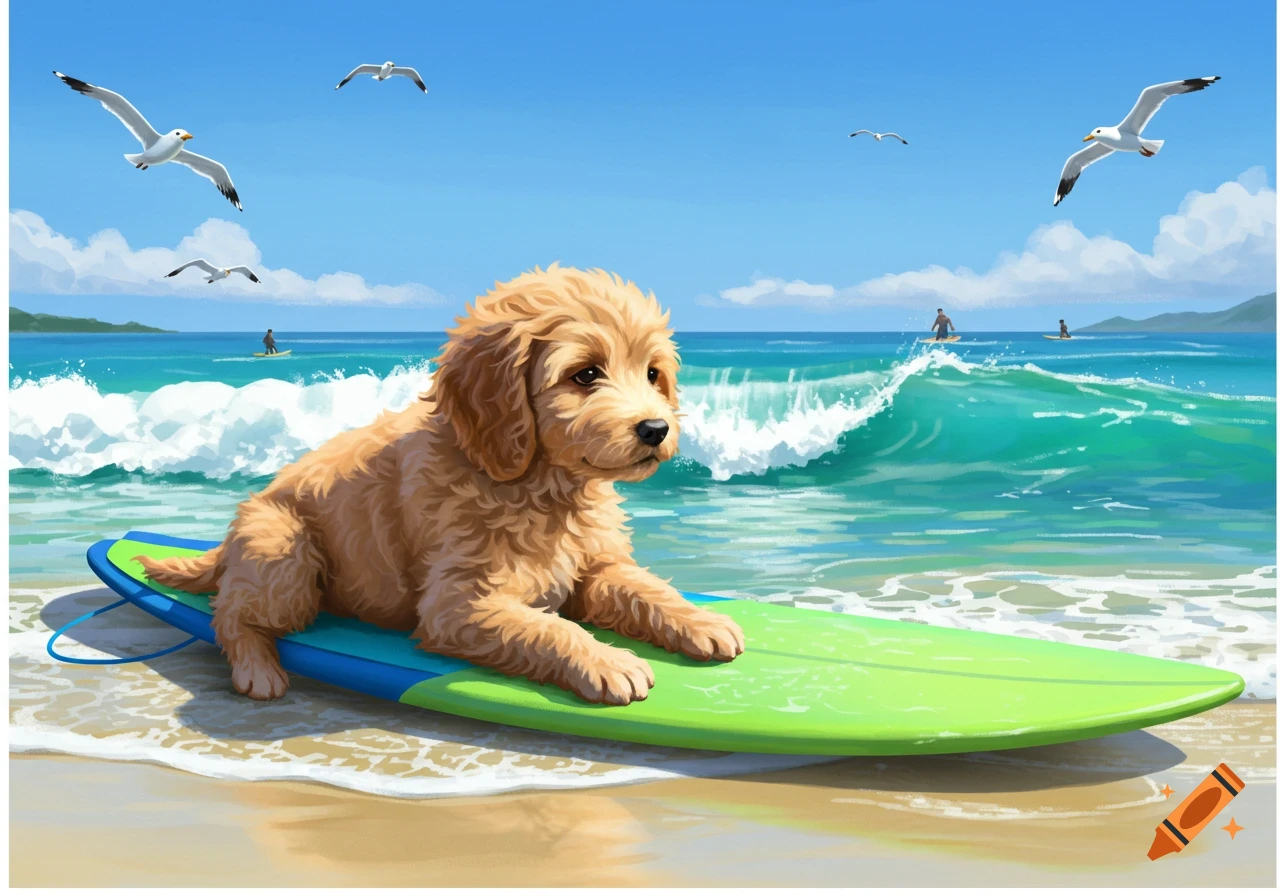 A fluffy golden-brown puppy lies on a green and blue surfboard at a sunny beach with ocean waves, surfers, and seagulls in a vibrant illustration style.