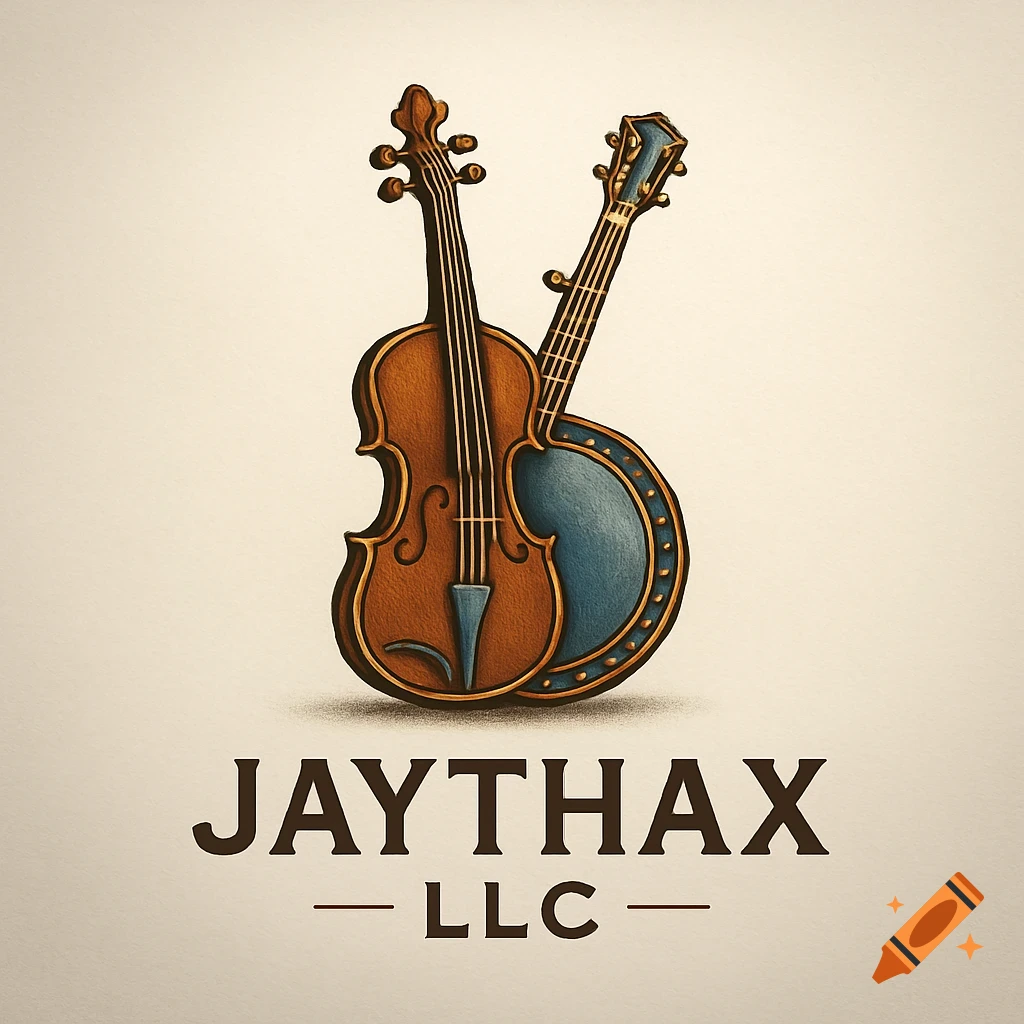 A bluegrass logo with an illustrated violin and banjo crossed, above the text 'JAYTHAX LLC'.