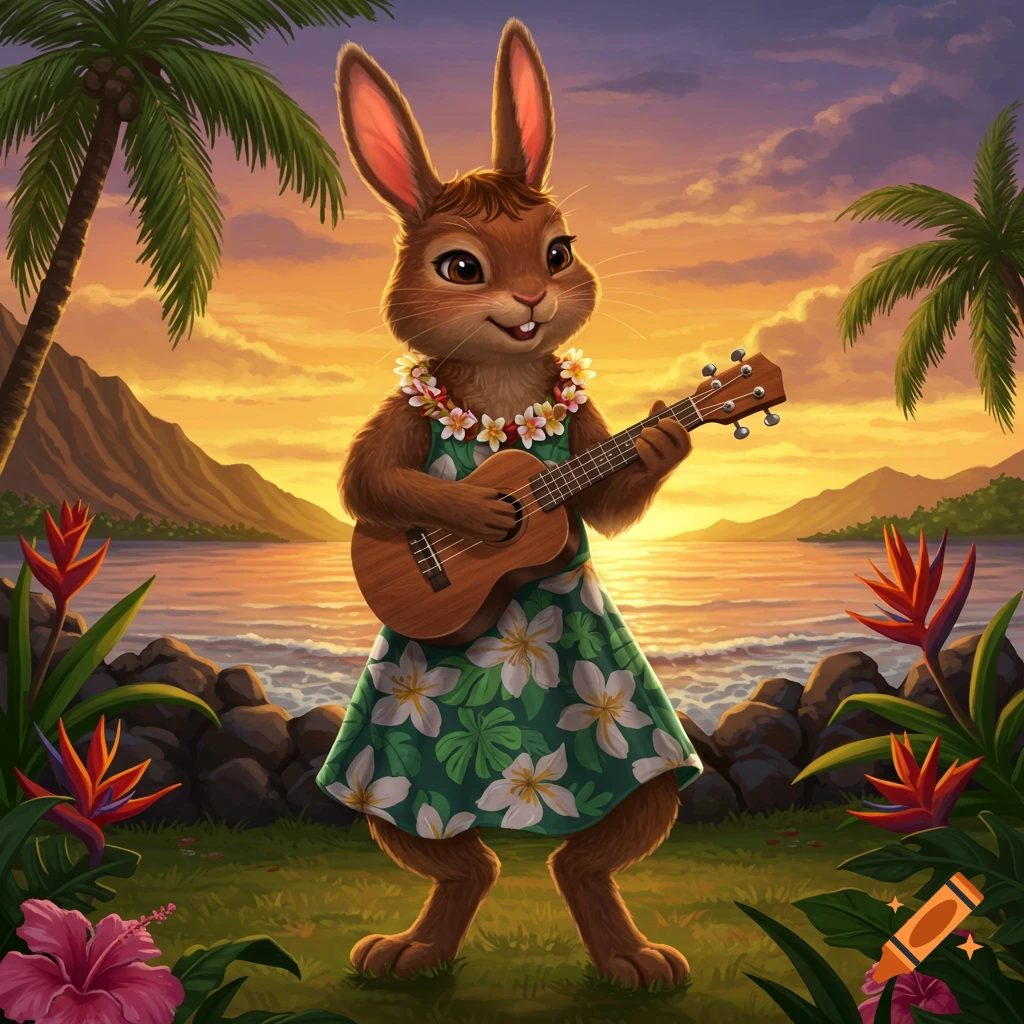 A brown cartoon bunny wearing a lei and floral dress plays a ukulele on a tropical beach at sunset, with palm trees and flowers.