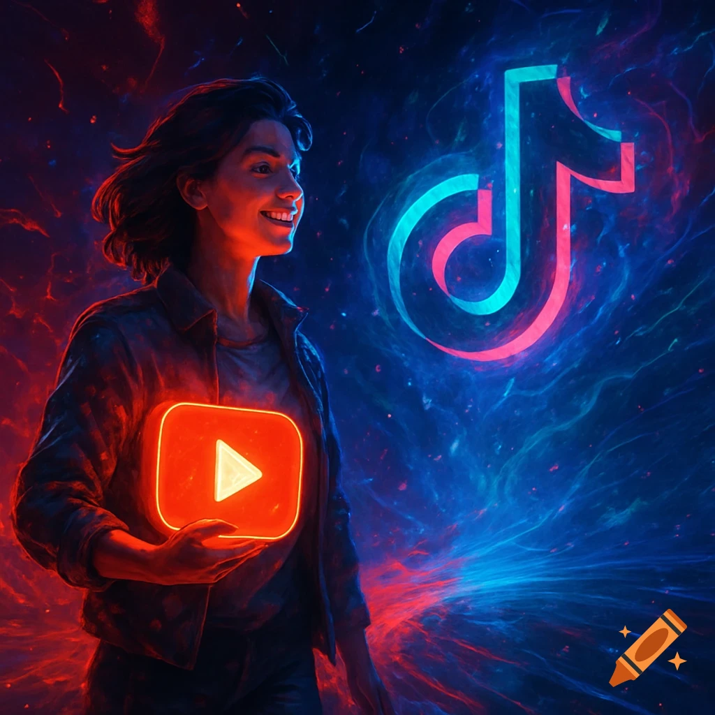 A smiling person in a dark, neon-lit scene holds a glowing YouTube logo, with a larger glowing TikTok logo in the background, digital art.