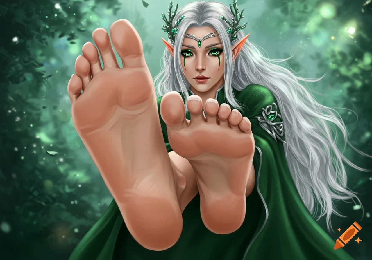 Digital art of an elvish woman with long silver hair and green eyes, wearing a green outfit, presenting her bare feet in a forest.