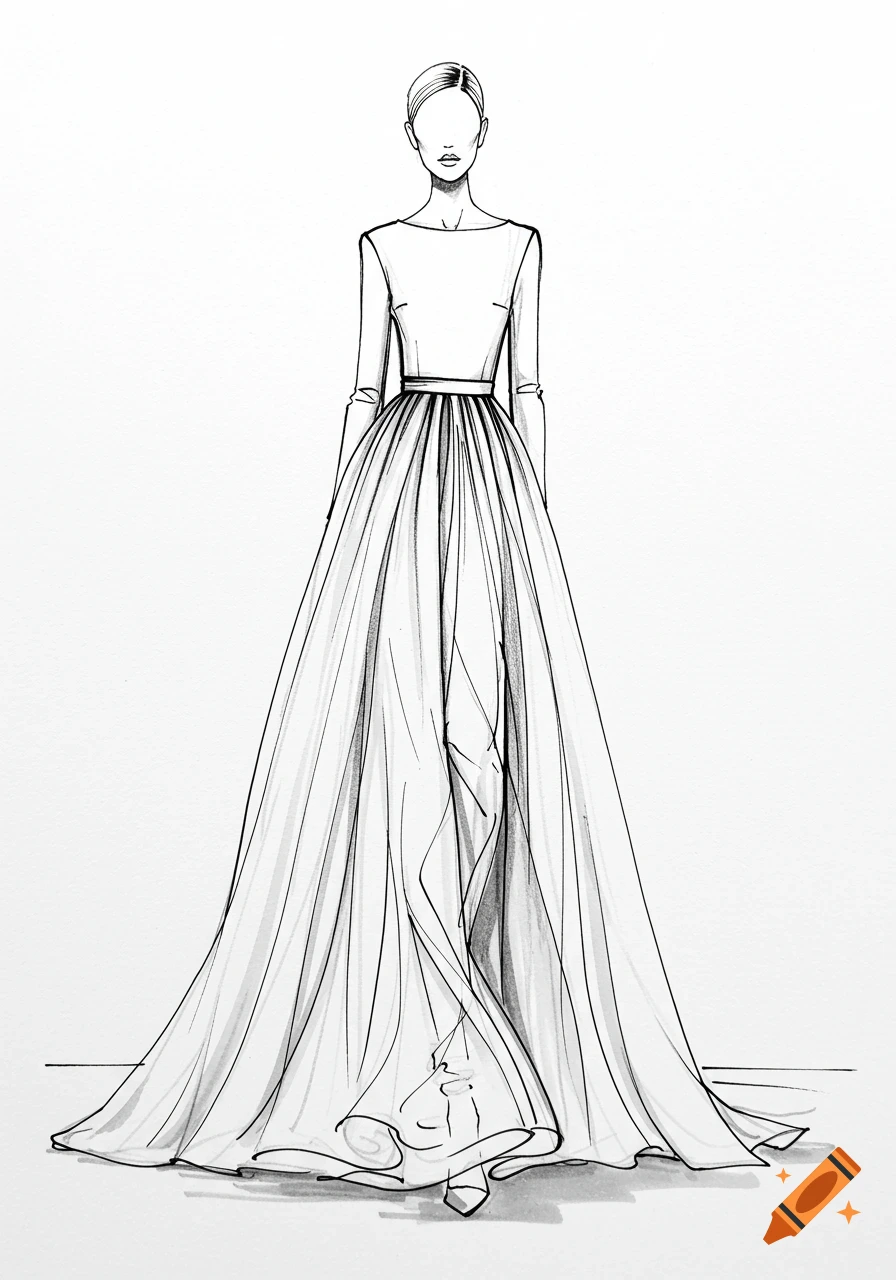 A black and white fashion sketch of an elegant dress with a structured bodice, long sleeves, and a full flowing skirt on a stylized figure.