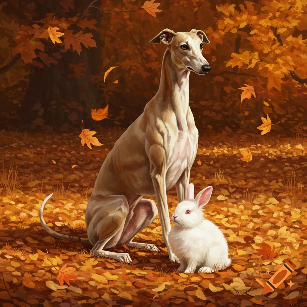 A tan whippet dog and a white rabbit sit together among vibrant brown and orange autumn leaves in a forest, in a digital painting.