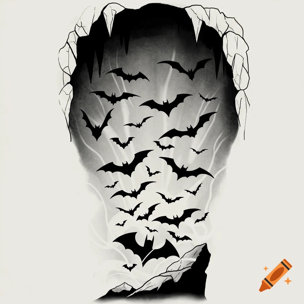 Black and white tattoo line art depicts a cave entrance with stylized bats flying out, many resembling various Batman logos.