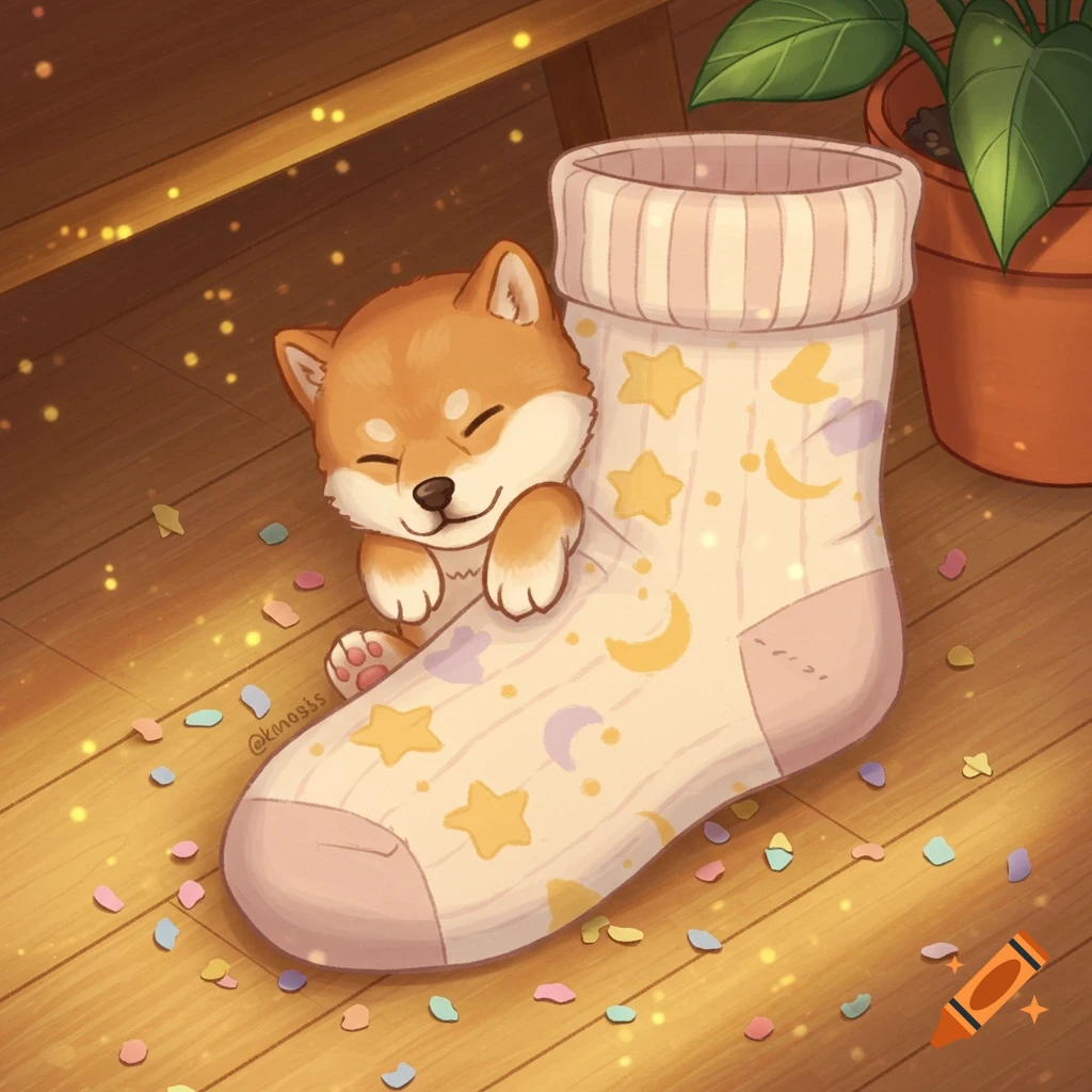 An adorable illustrated Shiba Inu puppy sleeping nestled inside a white sock with stars and moons, on a wooden floor.