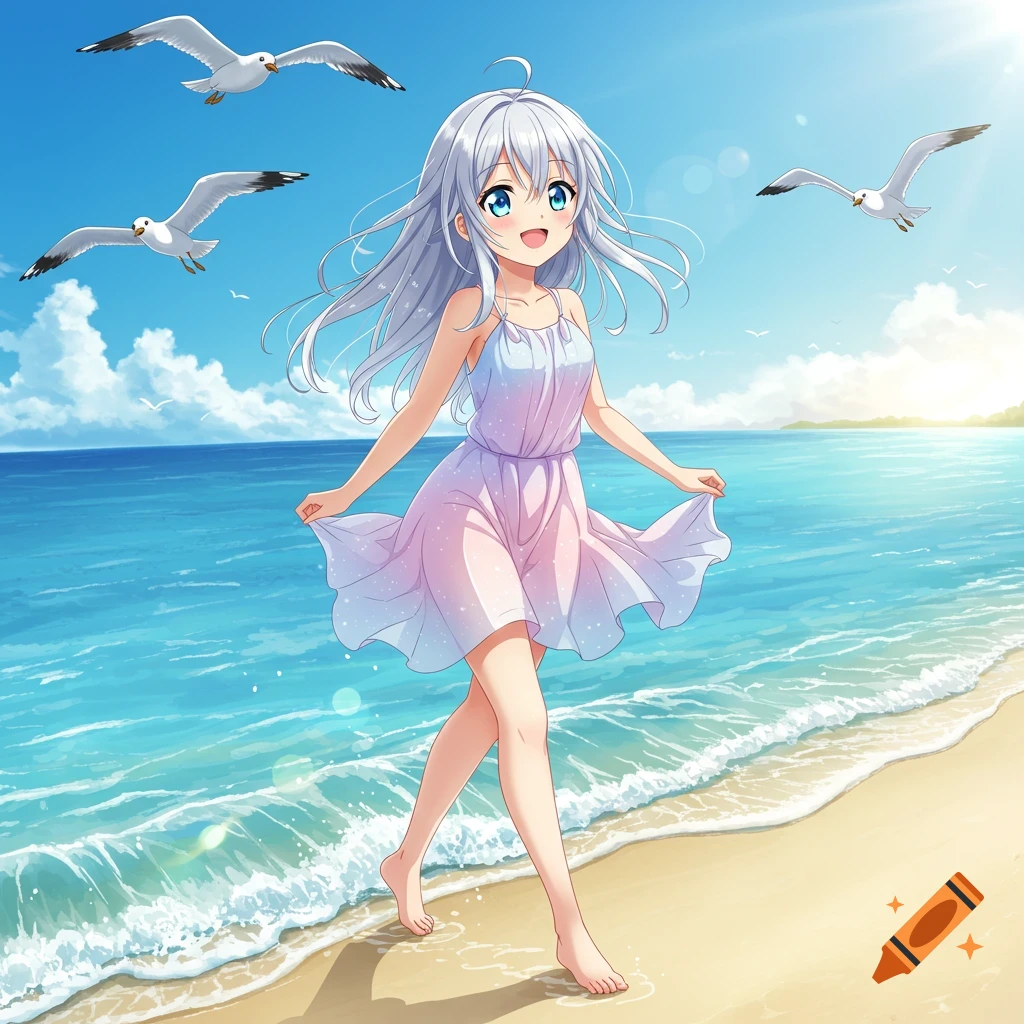An anime girl with long white hair walks barefoot on a sandy beach beside the blue ocean, with seagulls flying under a clear sky.