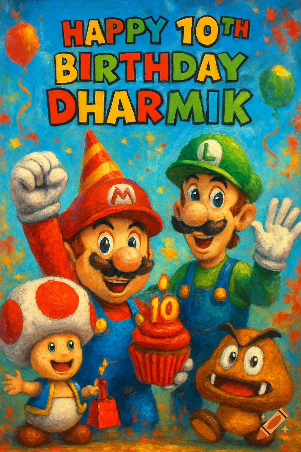 Mario, Luigi, Toad, and Goomba celebrate a birthday with a cupcake and balloons, under text 'Happy 10th Birthday Dharmik' in a painterly style.