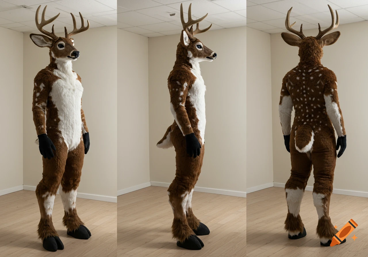 Photorealistic front, side, and rear views of a white-tailed deer buck fursuit with antlers standing in a neutral room.