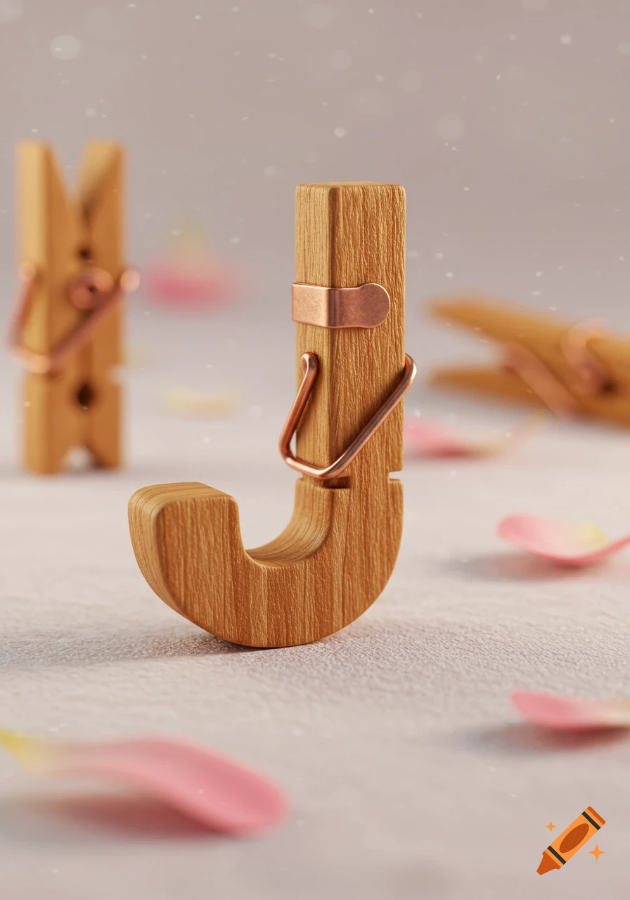 Photorealistic wooden clothes peg shaped like the letter J with copper accents, on a light surface with pink petals.