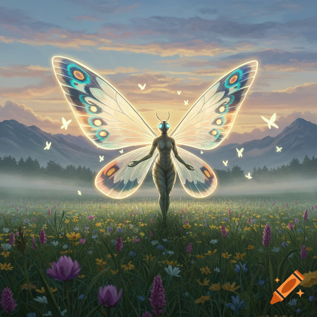 A glowing anthropomorphic moth-like creature with large, colorful wings stands in a vibrant flower field at sunset.