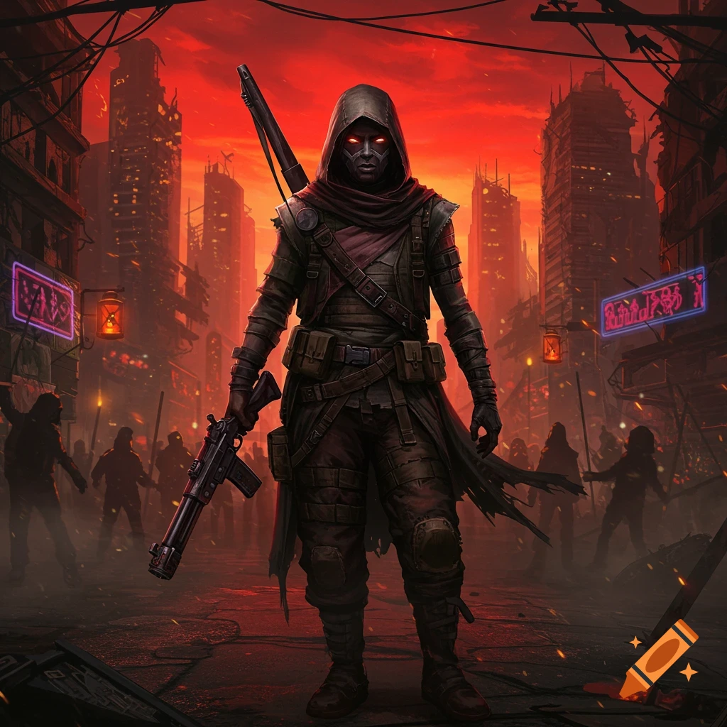 A heavily armed rebel in a hood and dark attire stands in a ruined dystopian city under a fiery red sky, holding a rifle, with other shadowy figures in the background. Digital art.