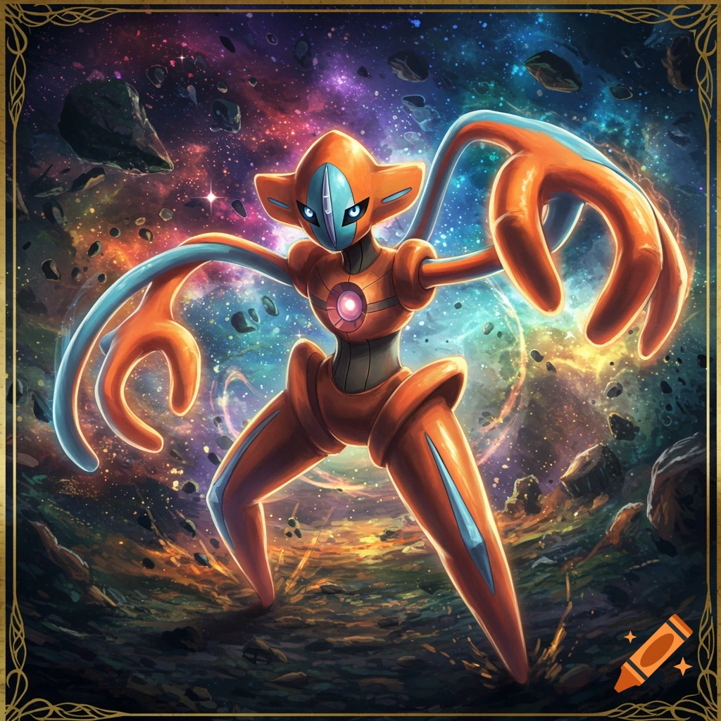 A vibrant digital painting of the Pokémon Deoxys in a dynamic battle pose within a cosmic galaxy, framed by a golden border.