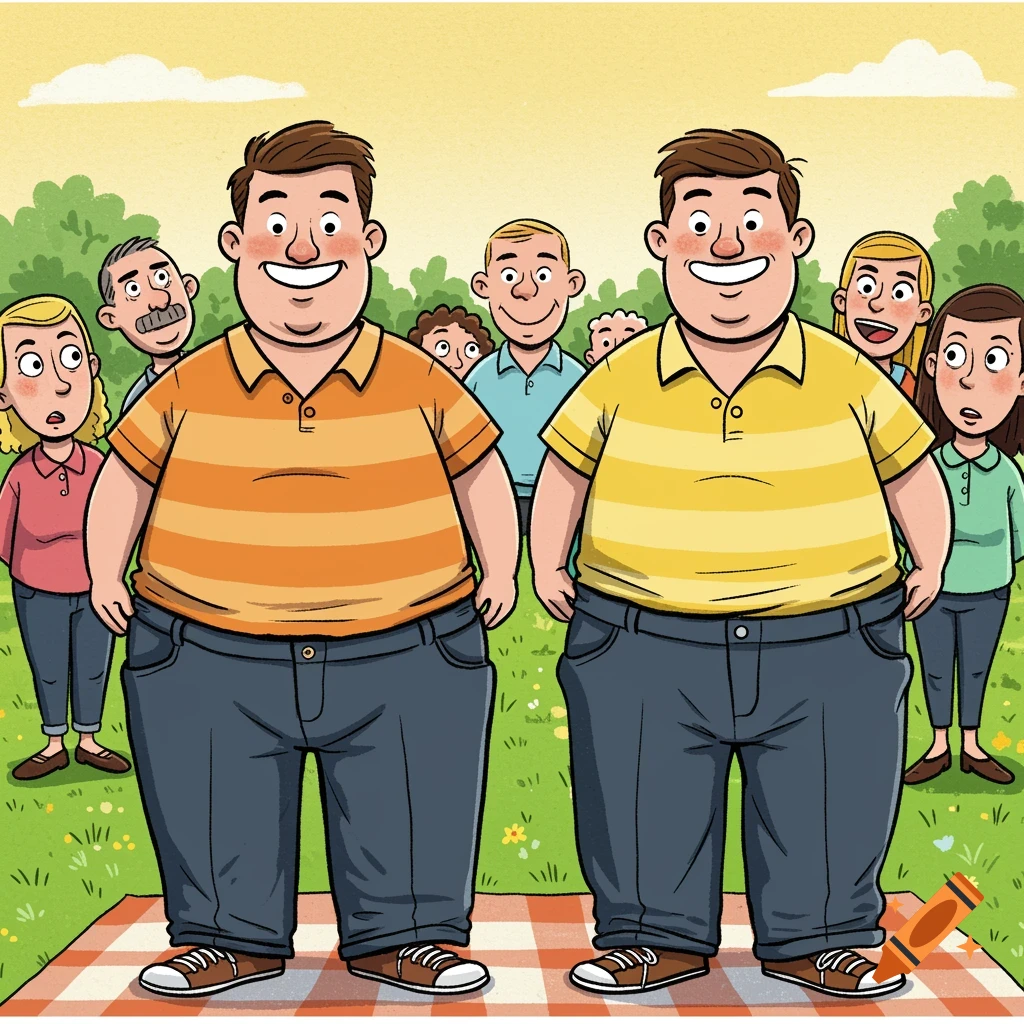 Humorous cartoon: Two cheerful men in oversized trousers on a picnic blanket, with surprised people in the background.