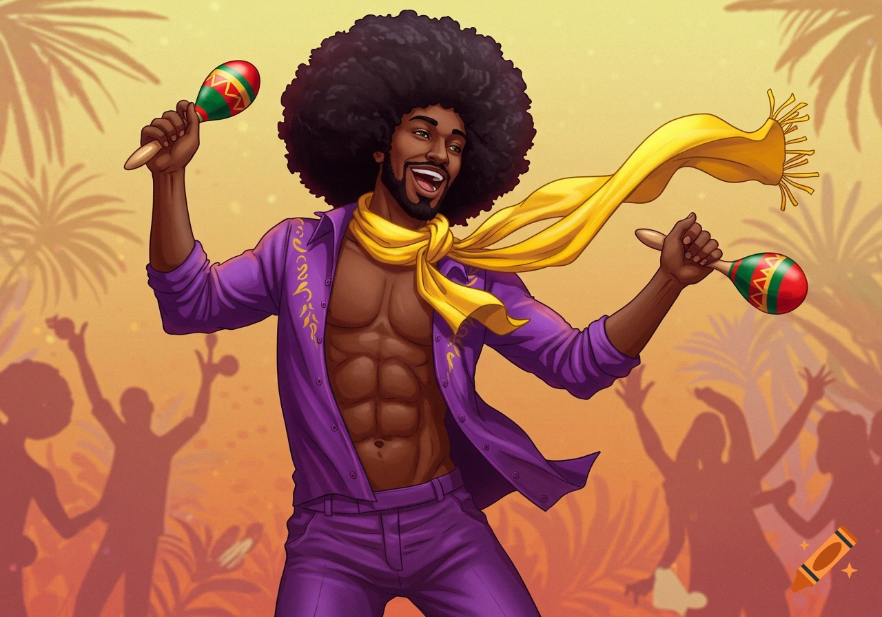 An illustration of a smiling man with an afro, wearing an open purple shirt, purple pants, and a yellow scarf, dancing with two maracas.