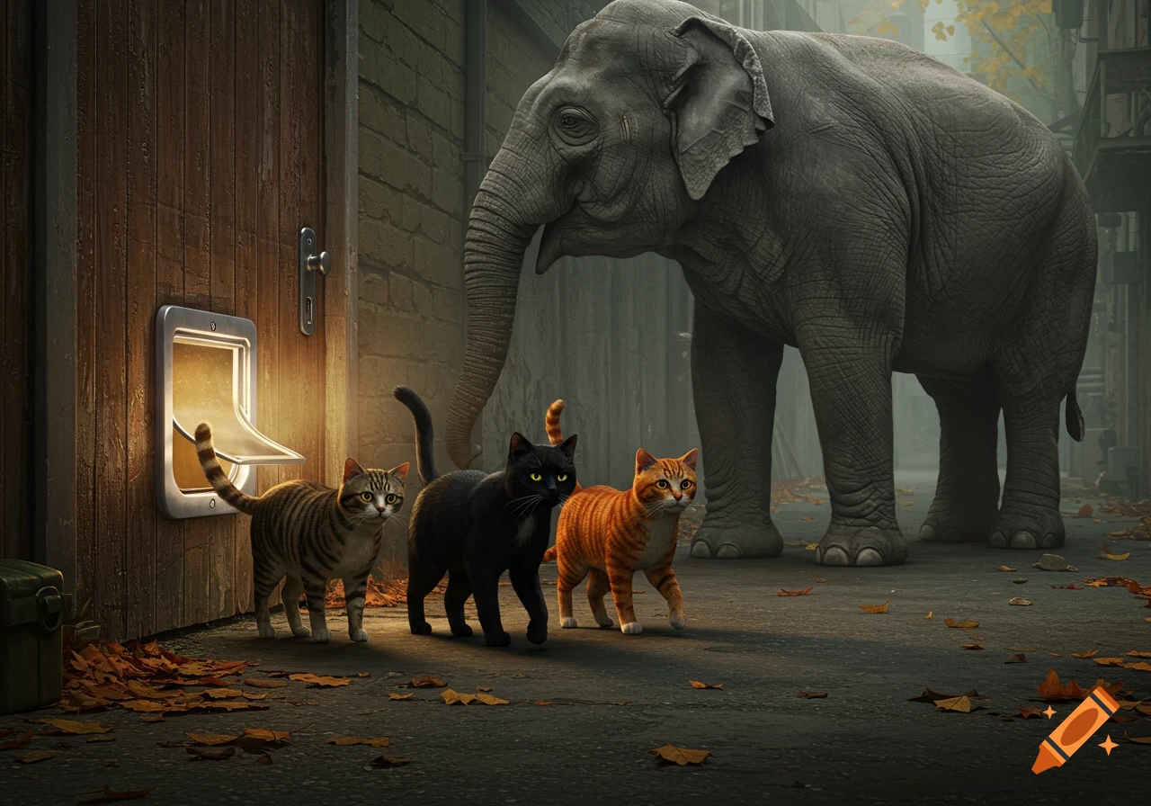 Three cats, a tabby, a black cat, and an orange tabby, queue in front of a glowing cat flap in a wooden door, with a large elephant standing behind them on a street covered in autumn leaves.