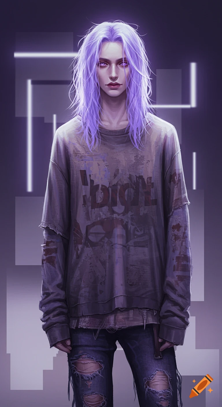 Digital art of a slender person with long purple hair and eyes, wearing a baggy distressed t-shirt and ripped jeans, standing against a futuristic purple neon background.