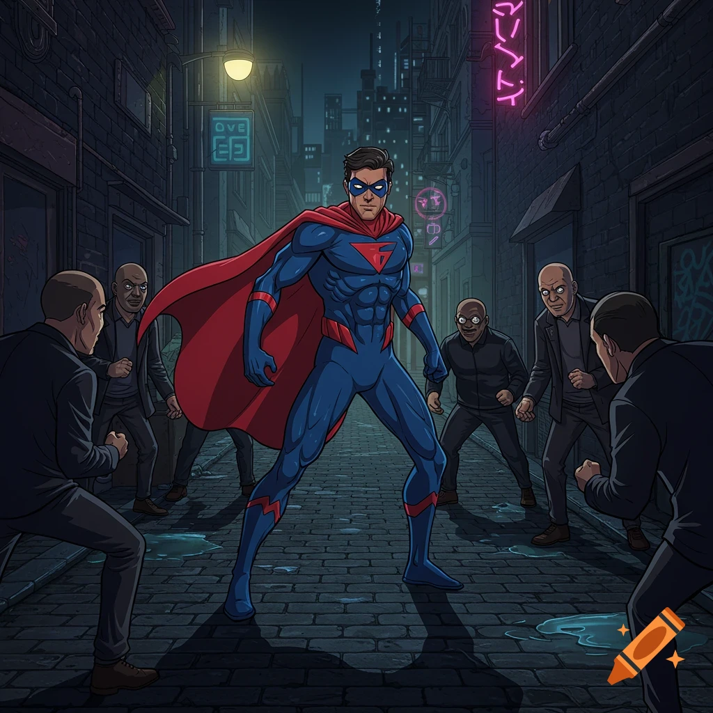 A muscular superhero in a blue suit and red cape confronts a group of criminals in a dark, stylized comic book alley.