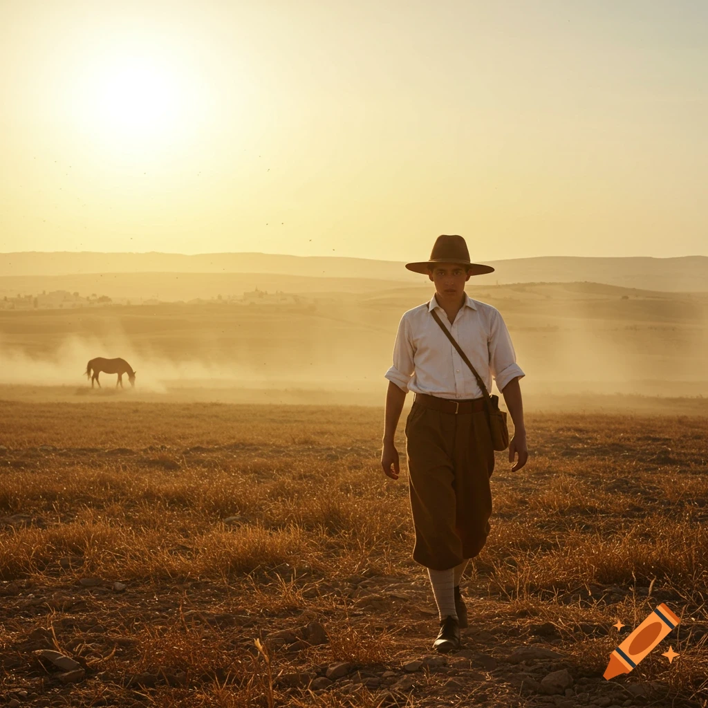 A young man in a wide-brimmed hat walks through a golden field at sunset, a horse in the dusty background.