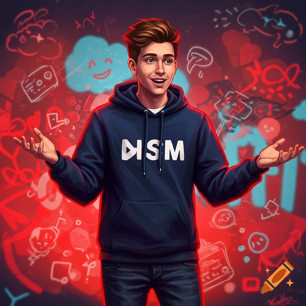 An illustration of a young, smiling man with brown hair, wearing a dark blue hoodie with "DSM" and a play button logo, and jeans. He stands with his arms outstretched against a red background filled with white and blue cartoon doodles.