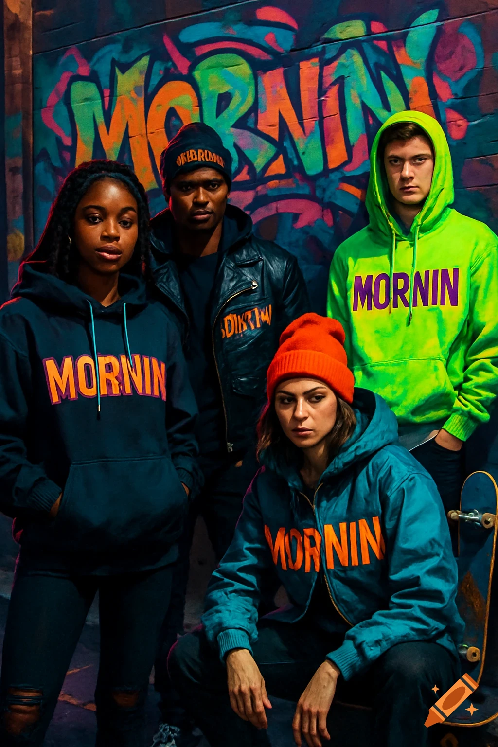 Fashionable group in streetwear posing on a city street in front of graffiti, with hoodies and beanies featuring "MORNIN" text and a skateboard nearby, in an editorial style.