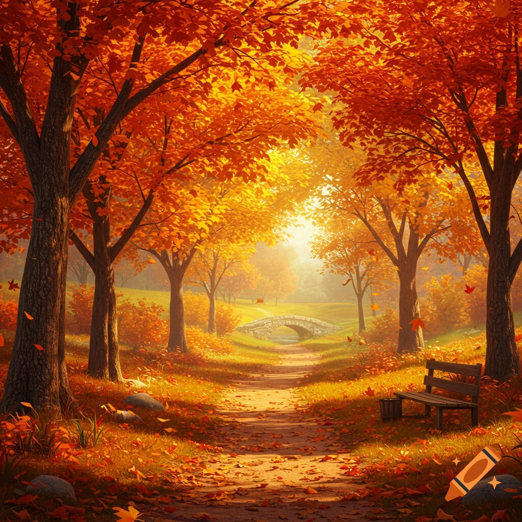 Vibrant autumn forest path with bright orange and yellow leaves, a stone bridge in the distance, and a wooden bench. Photorealistic.