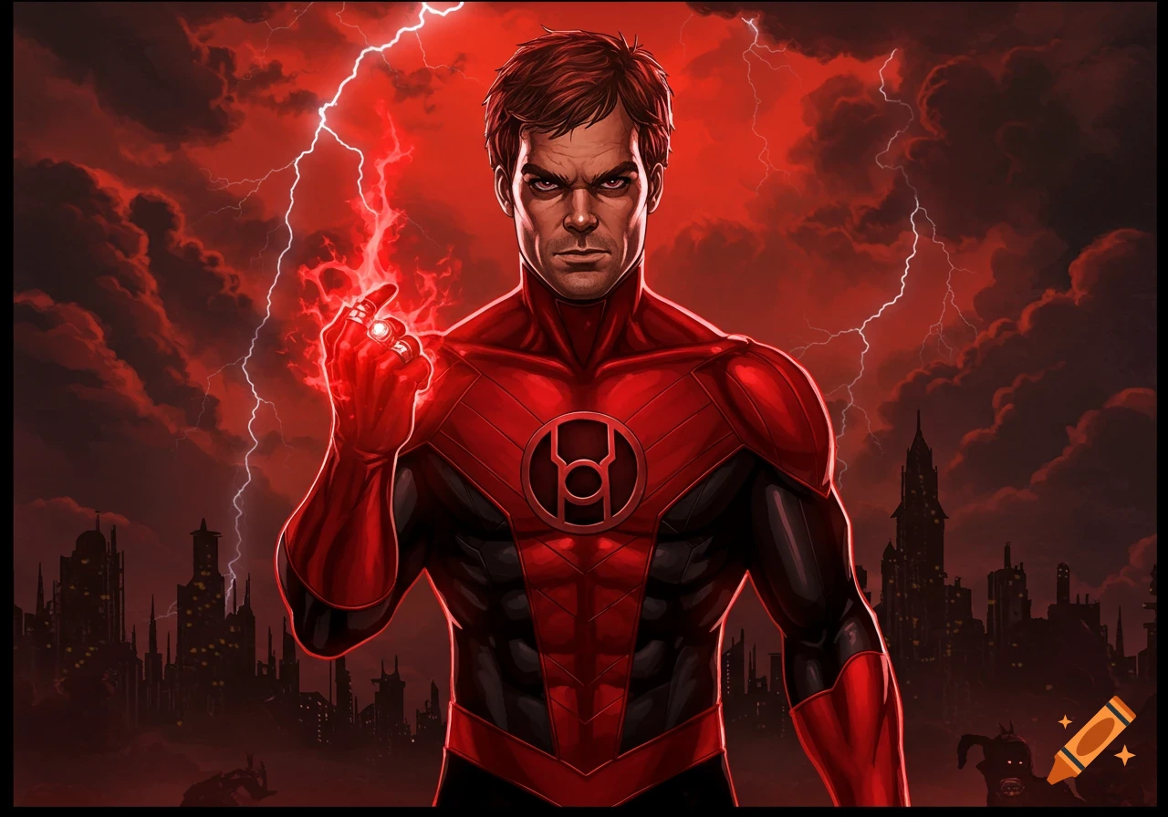 Dexter Morgan as a Red Lantern in a red suit, hand glowing with red energy, against a stormy red city skyline with lightning.