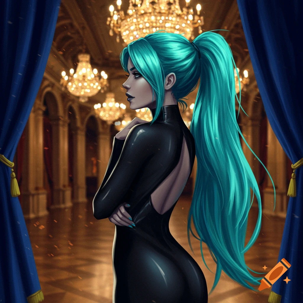 A woman in a black latex dress with an open back and long teal hair in a high ponytail stands in a grand ballroom.