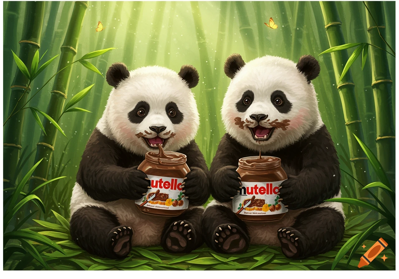 Two adorable, smiling pandas sit in a lush bamboo forest, each happily eating Nutella from a jar, with chocolate smeared on their faces, in a cute illustration style.