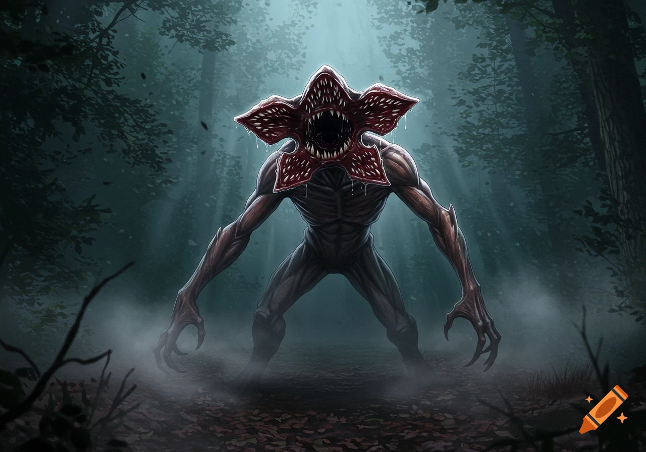 A terrifying Demogorgon monster stands in a dark, misty forest with trees silhouetted in the background.