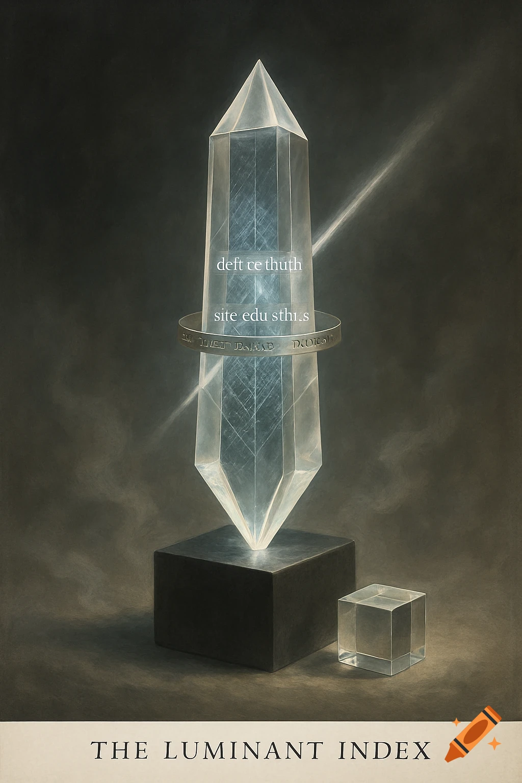 A glowing crystalline obelisk on a black pedestal, with a silver ring around it. A small matching cube sits next to it. Text at the bottom reads "THE LUMINANT INDEX".