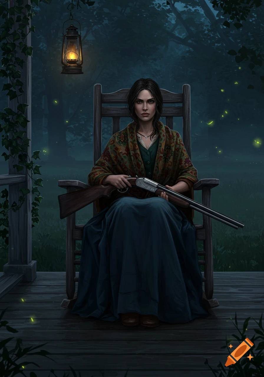 A solemn woman in a shawl and long skirt sits on a porch rocking chair, holding a shotgun, under a lit lantern with fireflies.