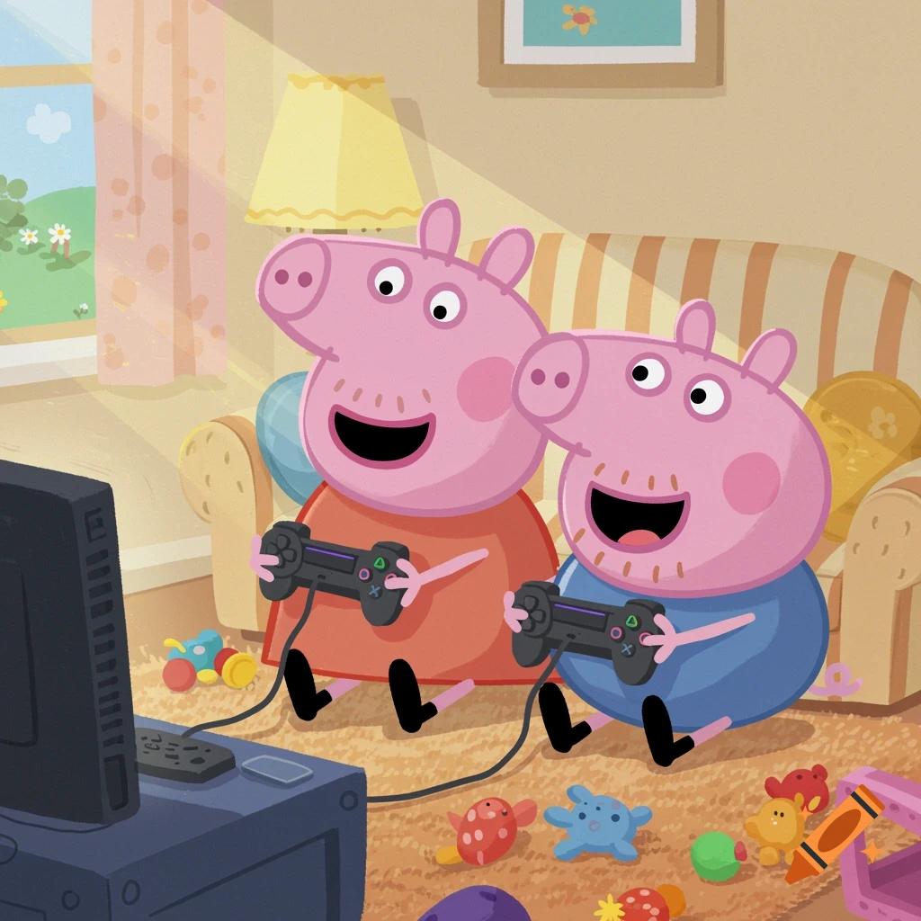 Peppa Pig and George Pig playing a PlayStation video game in a living room filled with toys.