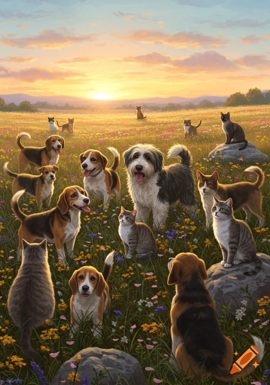 A large group of dogs and cats in a sunlit meadow full of wildflowers during sunset, in a realistic digital painting.