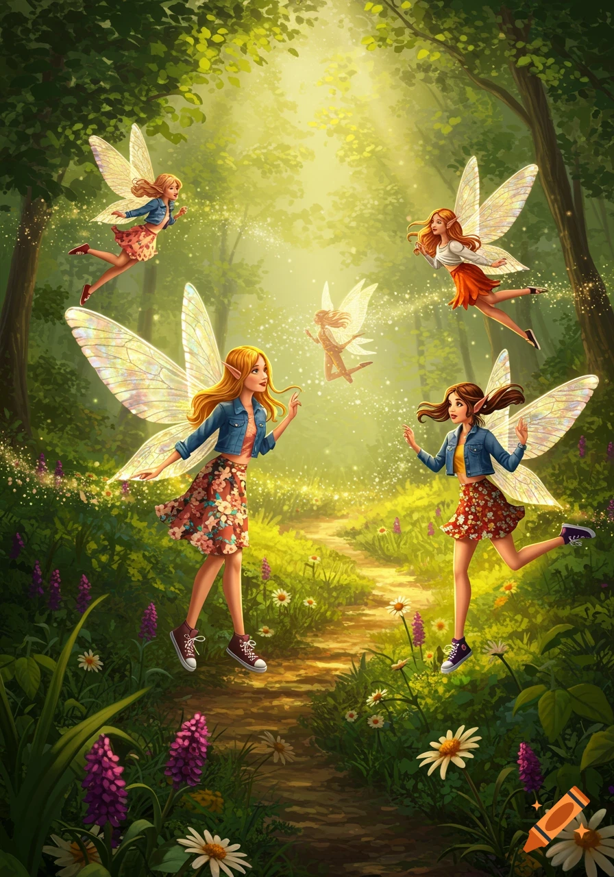 Vibrant illustration of several young fairies with translucent wings in modern clothes, flying and walking along a sunny forest path.