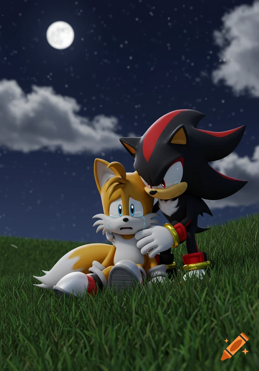3D animated Tails, crying, is comforted by Shadow the Hedgehog, who has his arm around him, at night under a full moon.