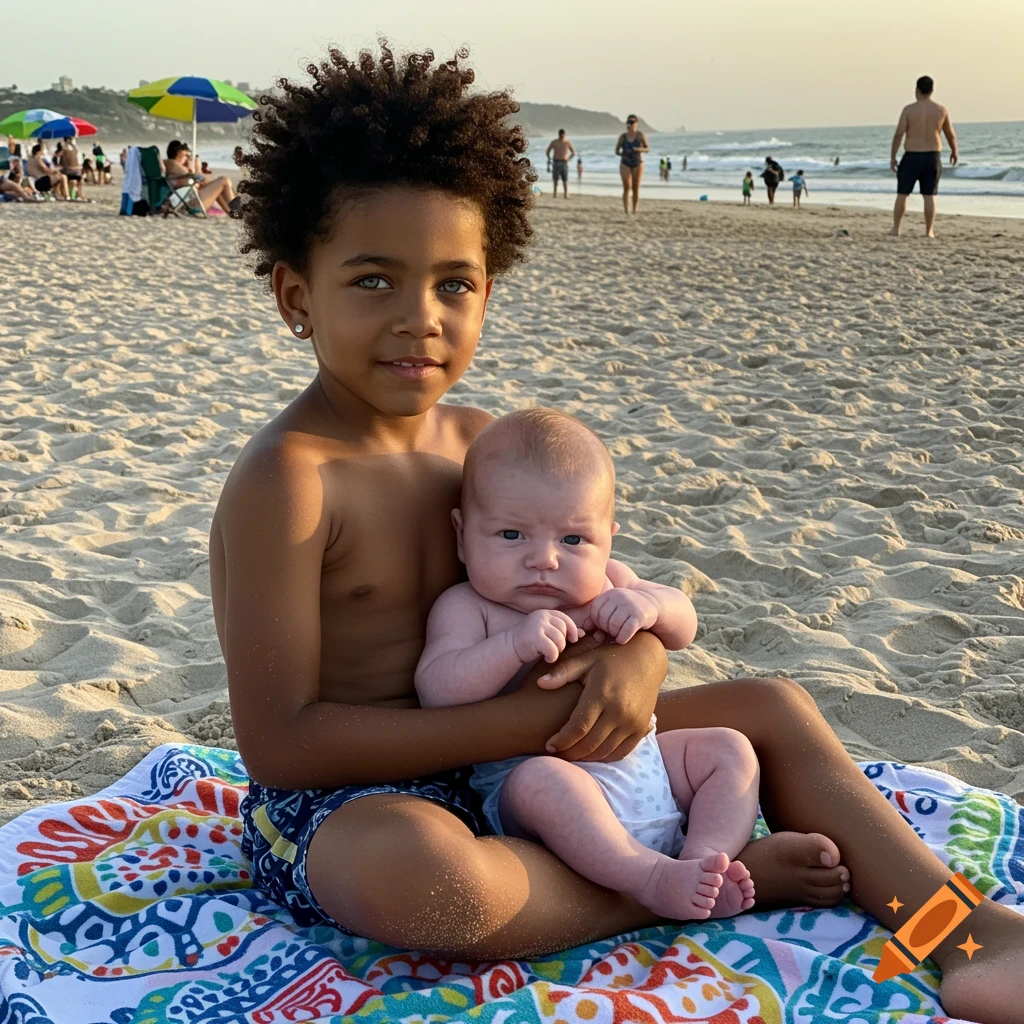A young boy with an Afro sits on a colorful beach towel, holding a baby. People and umbrellas are in the sandy background.