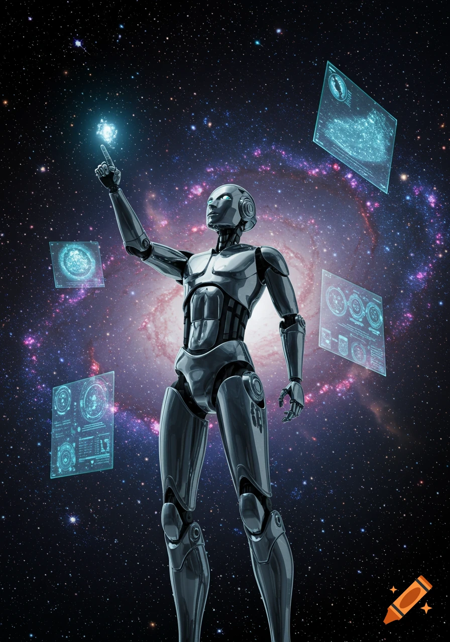 A silver robot stands in space against a galaxy, pointing up at a glowing orb, with holographic interfaces floating around it.