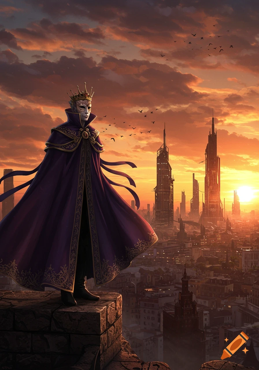 A regal masked figure in a purple and gold cloak stands on a rooftop overlooking a sprawling futuristic city at sunset, with birds flying in the orange sky.