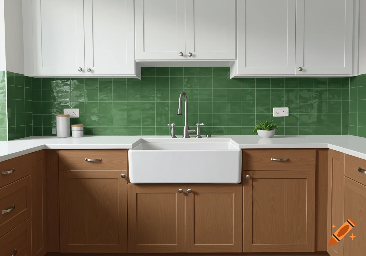 Kitchen with white countertops, wood bottom cabinets, white upper cabinets, green backsplash, and a white farmhouse sink.