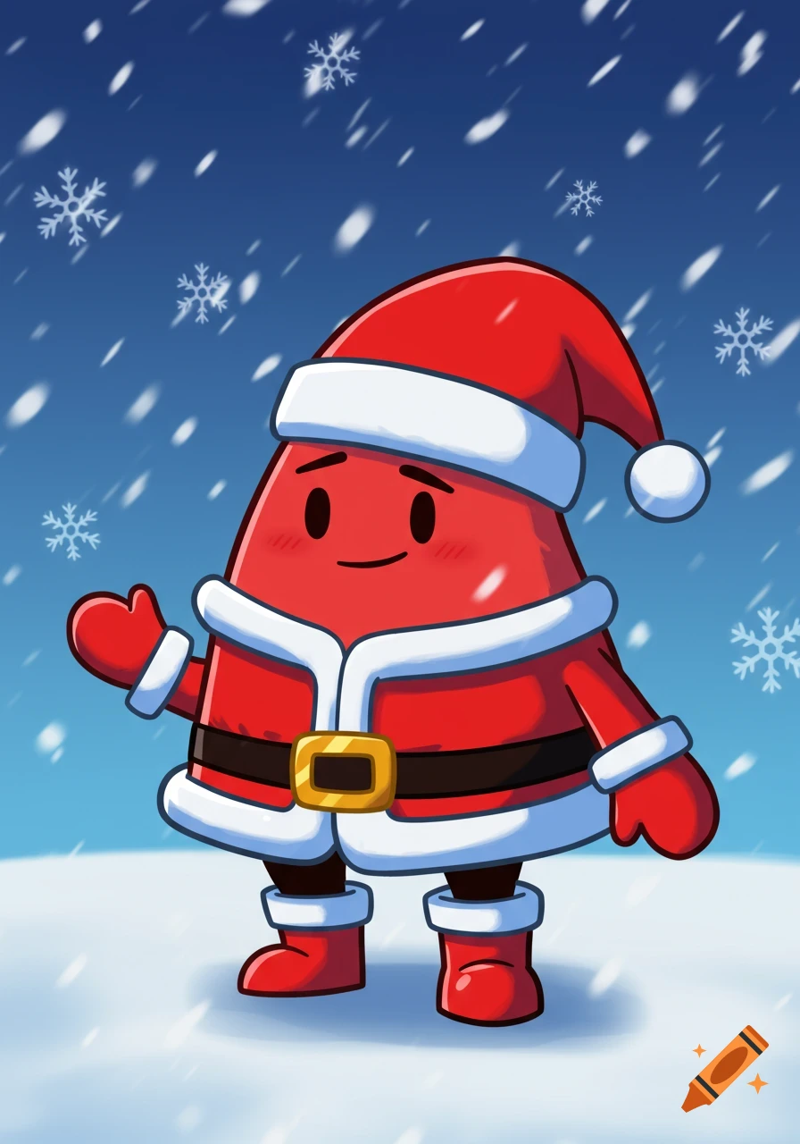 A cute red teardrop-shaped cartoon character in a Santa suit waves in a snowy scene with snowflakes falling.