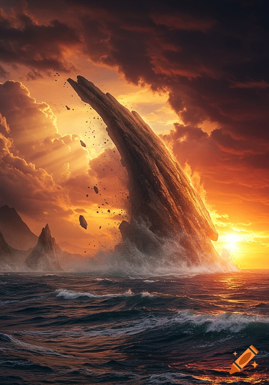 A colossal rock formation crashes into a turbulent ocean at sunset, with dramatic clouds and sunbeams.