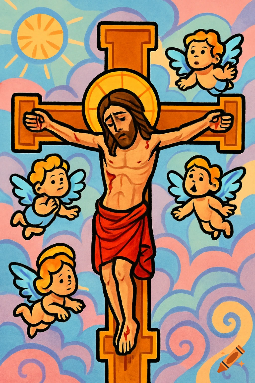 Cartoon illustration of Jesus Christ on a cross with four cherubs, against a colorful, stylized sky.