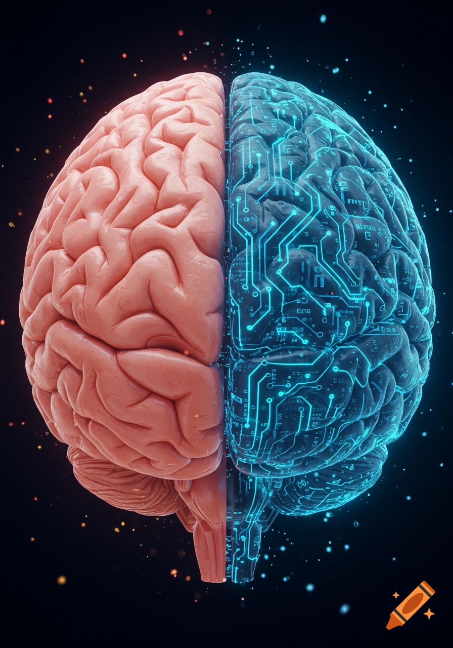A human brain split in half, one side organic and pink, the other cybernetic with blue glowing circuits on a dark background.